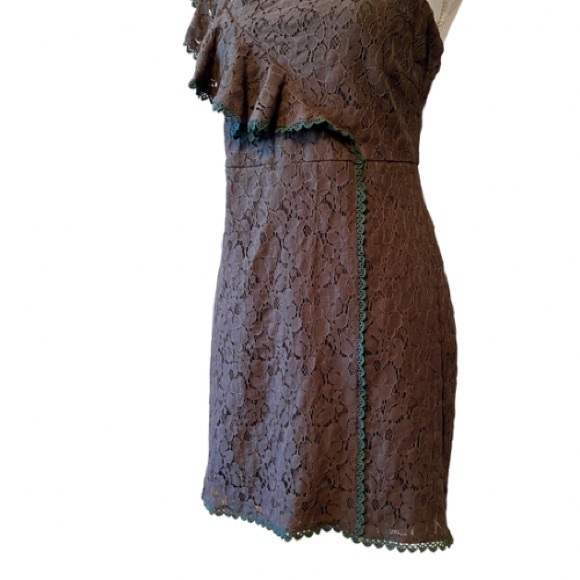 Brown Lace Ruffled One-Shoulder Sheath Dress w/ Green Trim by 5th Culture (L) - Picture 6 of 14